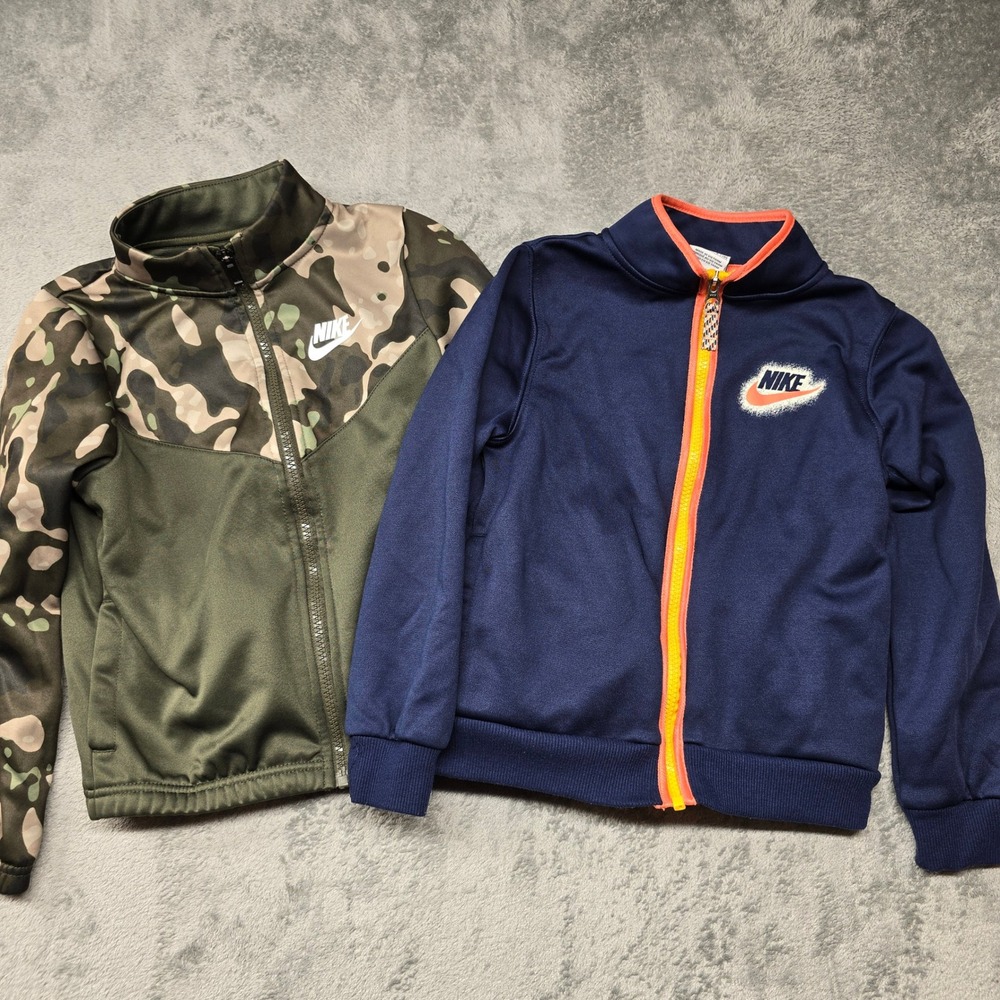 Nike Kids Track Jackets Lot of 2 Camo Olive Navy Orange Full Zip Size 7 6-7Y